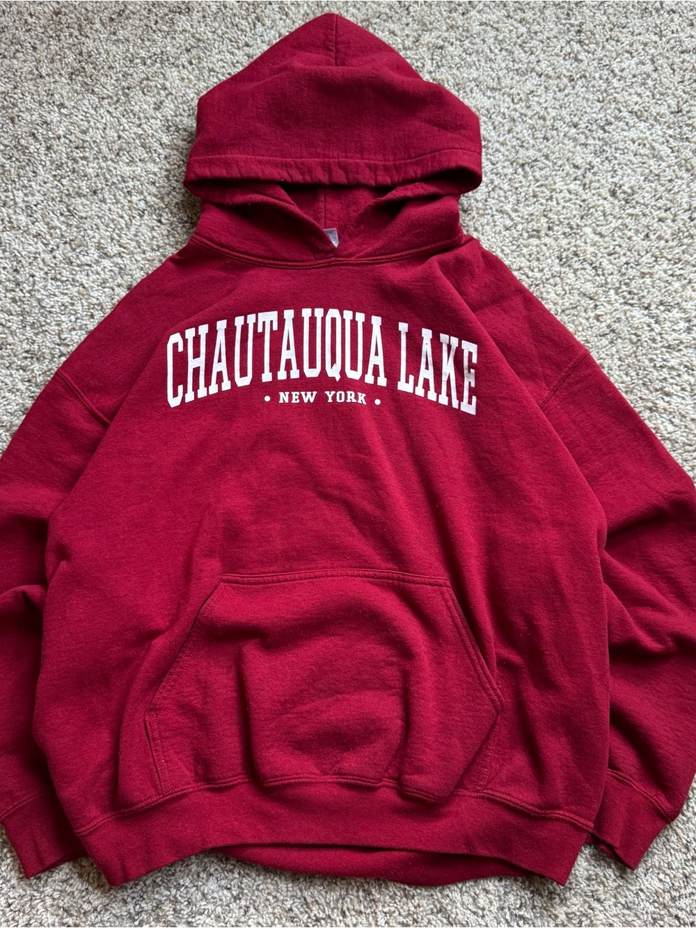 Gildan Maroon Crewneck Hoodie with White 'Chautauqua Lake' Chest Print